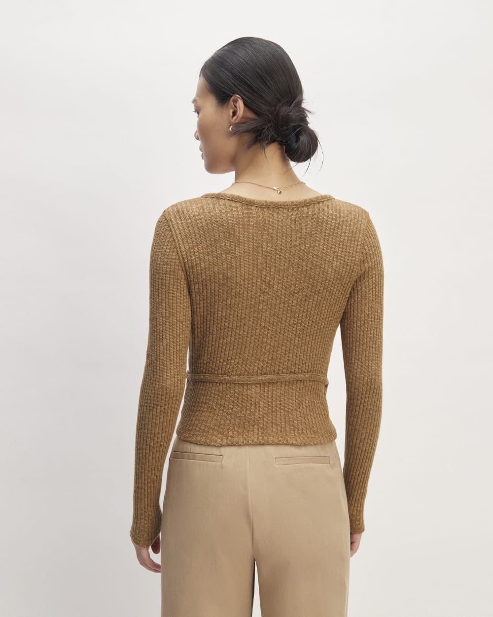 The Cozy Rib Wrap Top in Cappuccino — detail view