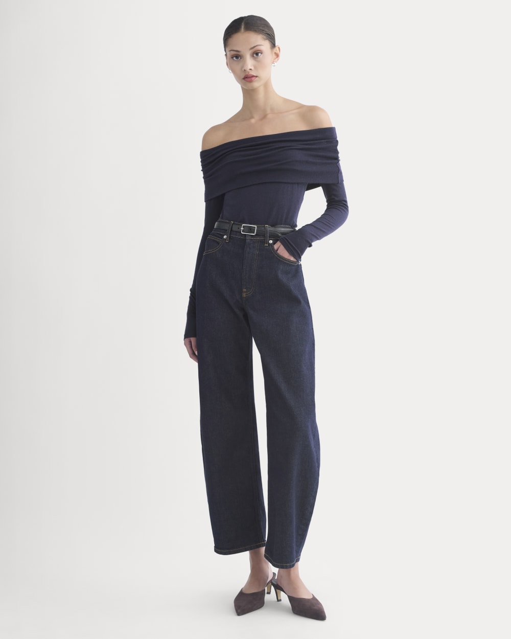 The Off-the-Shoulder Top in Butterluxe in Deep Navy — detail view
