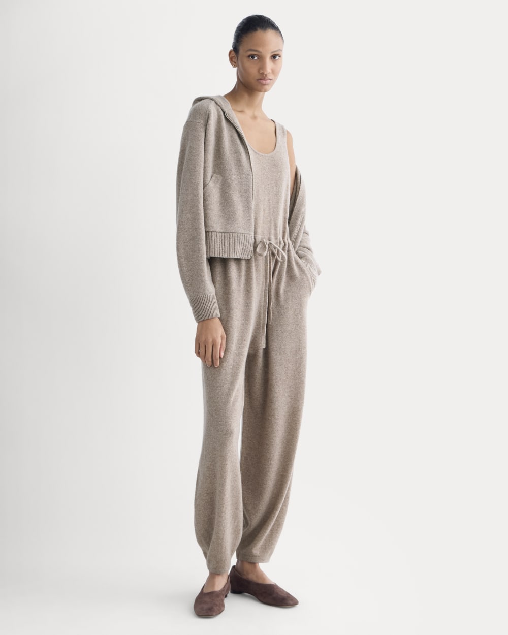 Cashmere Lounge Jumpsuit in Oatmeal — front view