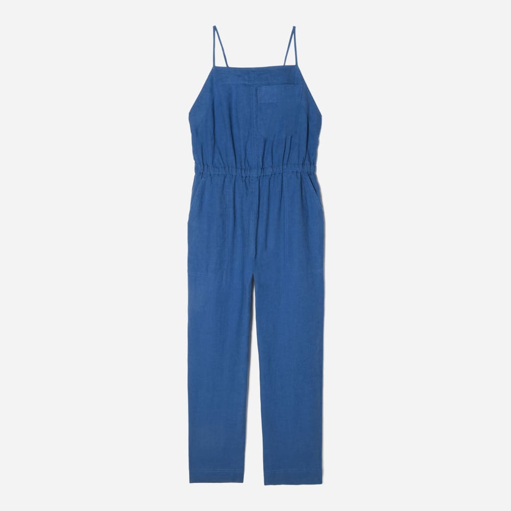 The Linen Shoestring Jumpsuit in Deep Blue — front view