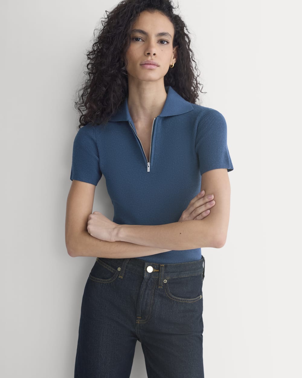 Knit Quarter-Zip Polo in Estate Blue — detail view
