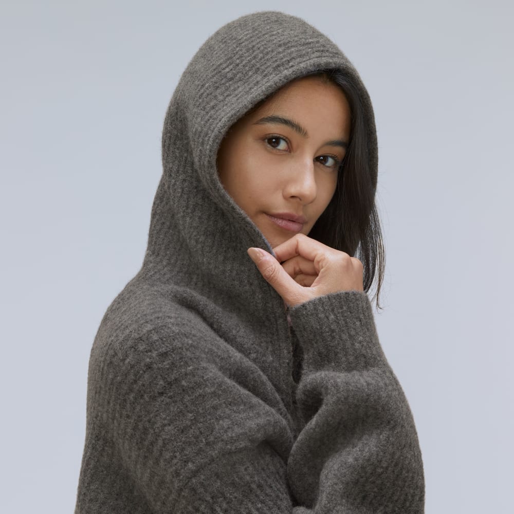 The Cozy-Stretch Hooded Cardigan in Heathered Charcoal — detail view