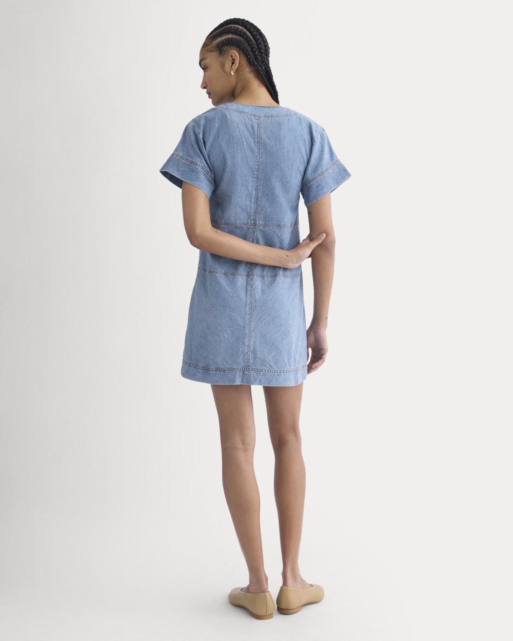Denim Short-Sleeve Dress in Light Indigo — detail view