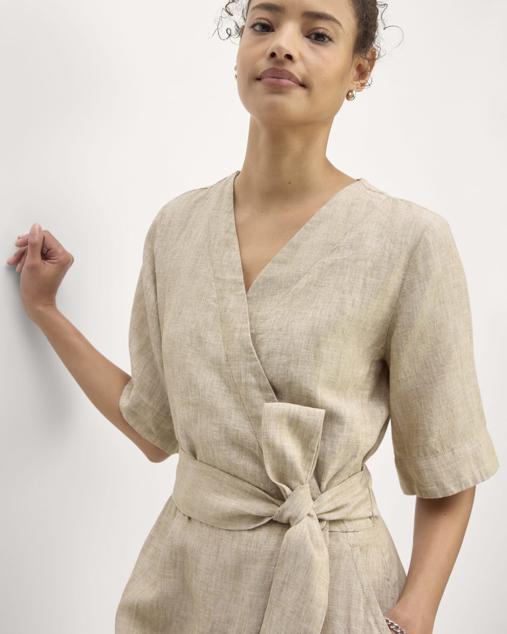 The Wrap Dress in Linen in Cornstalk Chambray — detail view
