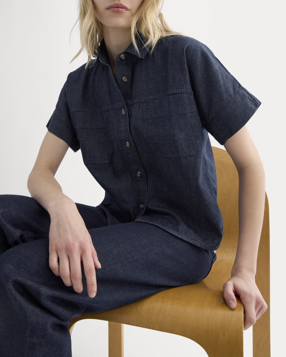 Cropped Boxy Denim Shirt in Dark Indigo Rinse — front view
