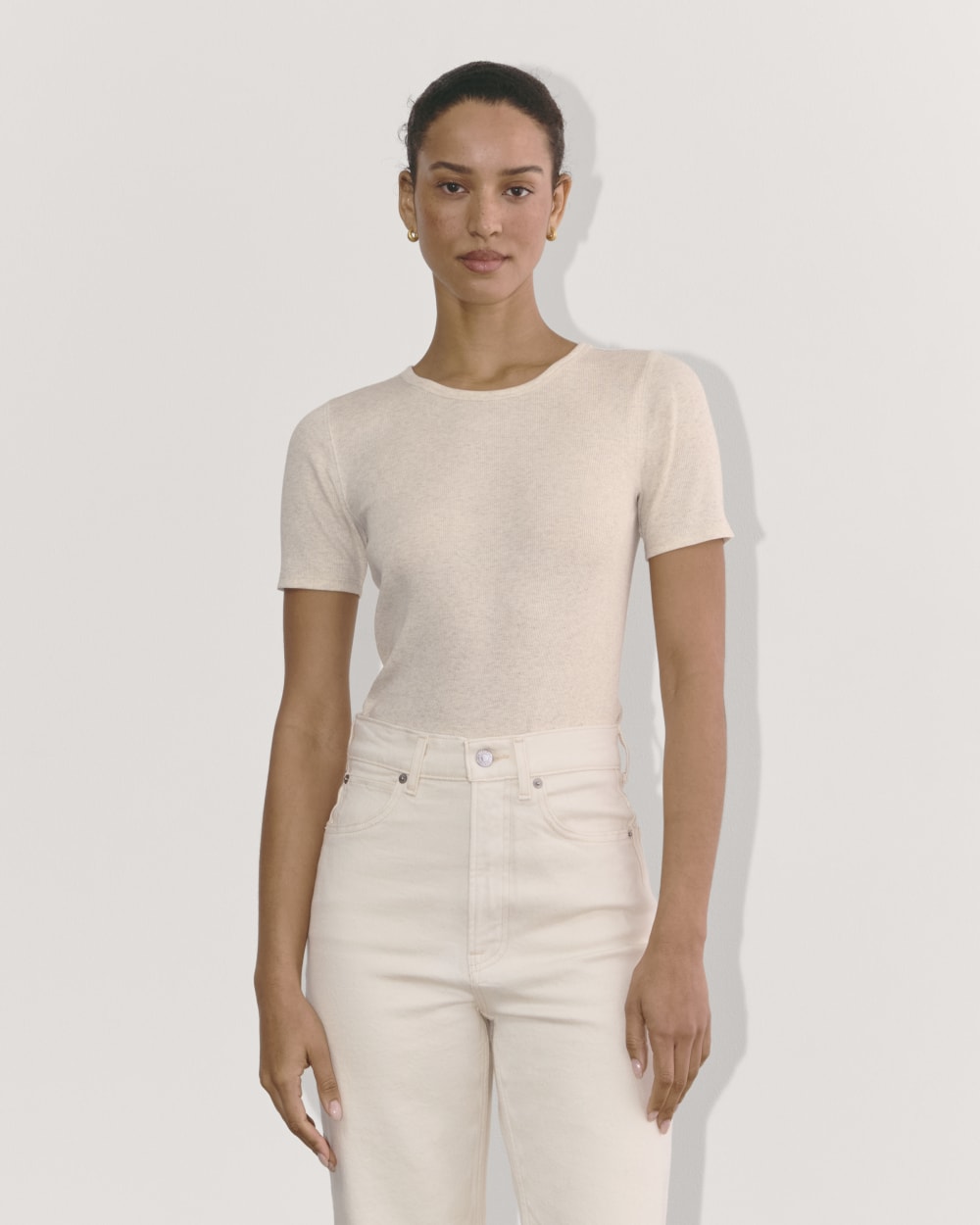 The Luxe Rib Crew in Heathered Oat — front view
