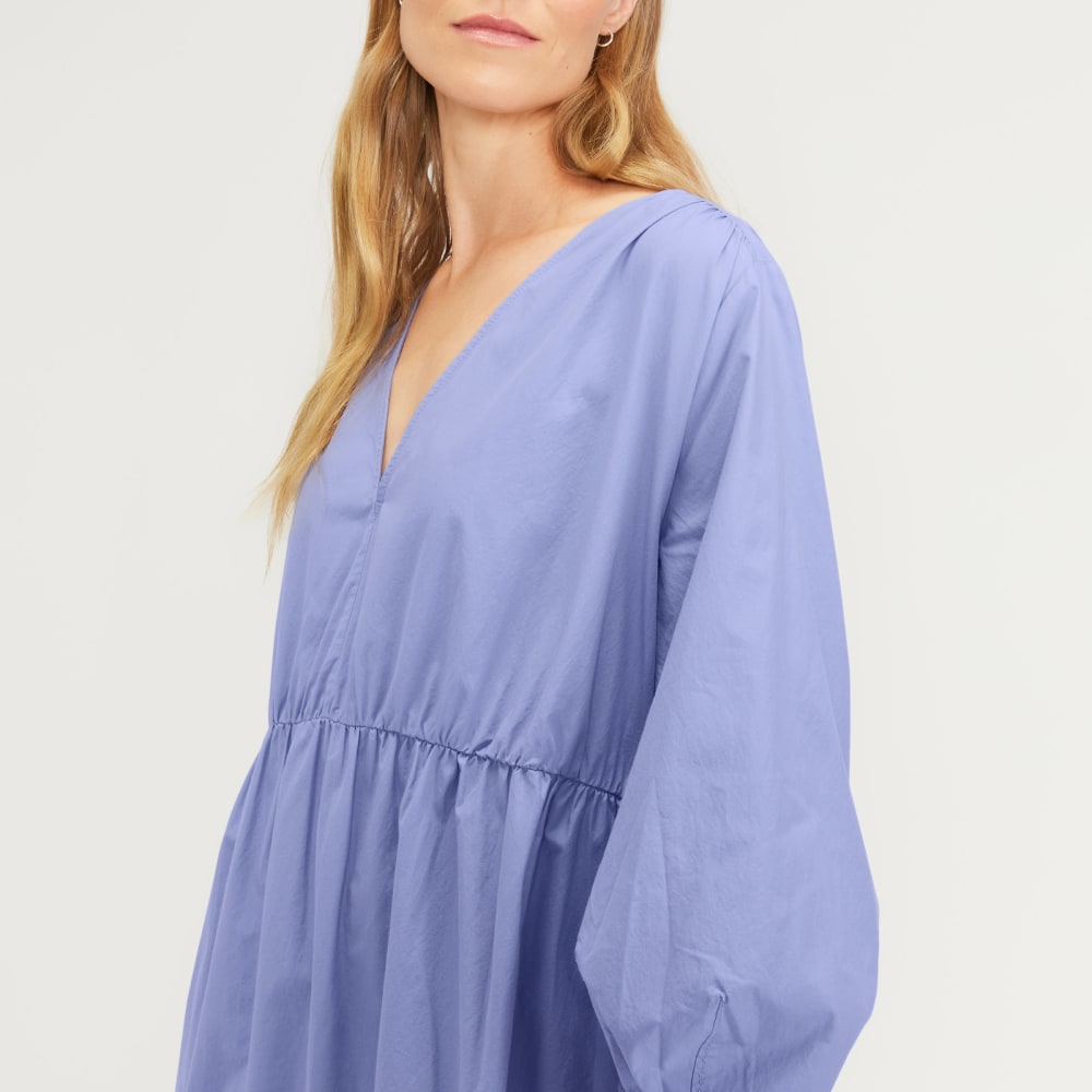 The Poplin Tiered Dress in Cornflower Blue — detail view