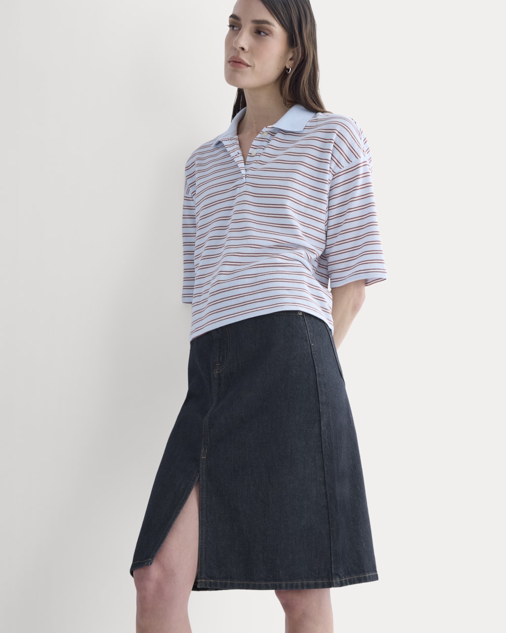 Mid-Rise Denim Midi Skirt in Tungsten Rinse — front view