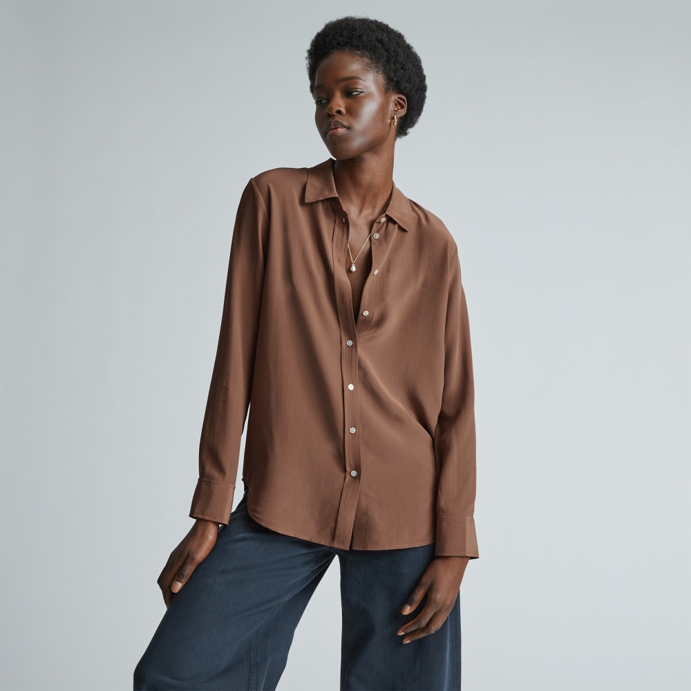 The Must-Have Shirt in Washable Silk in Carob Brown — front view