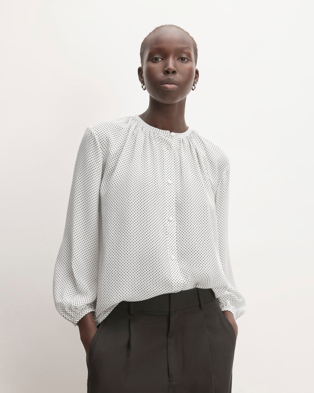 The Washable Clean Silk Shirred Blouse in Bone / Black Polka Dot — front view