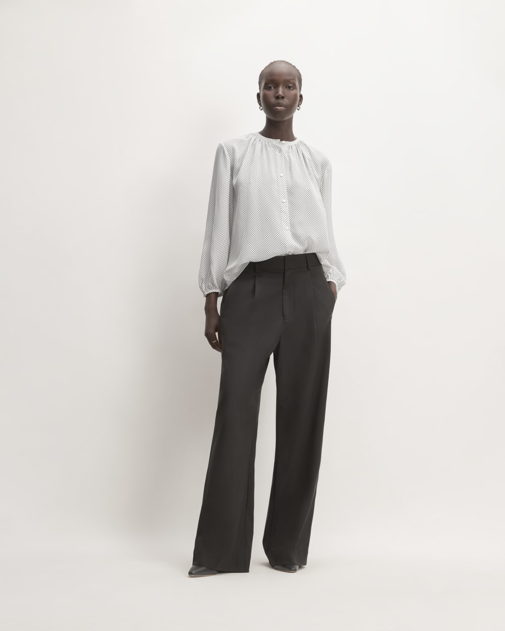 The Washable Clean Silk Shirred Blouse in Bone / Black Polka Dot — detail view