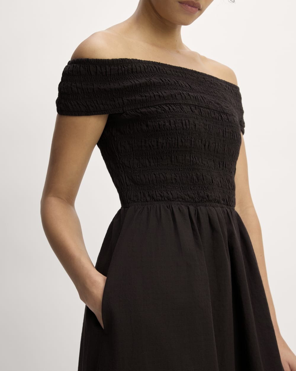 The Gauze Off-the-Shoulder Dress in Black — detail view