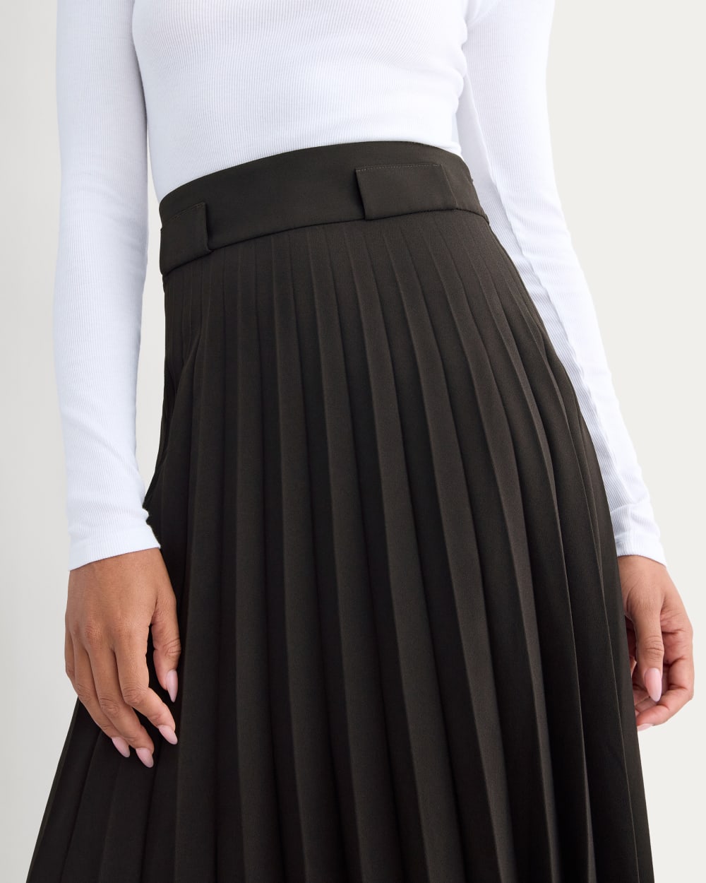 Pleated Crepe Midi Skirt in Black — detail view