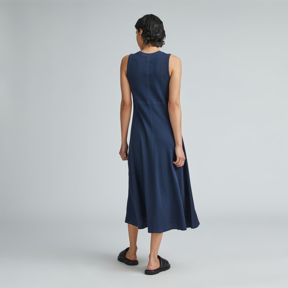 The  Organic Cotton Waffle Tank Dress in Navy — detail view