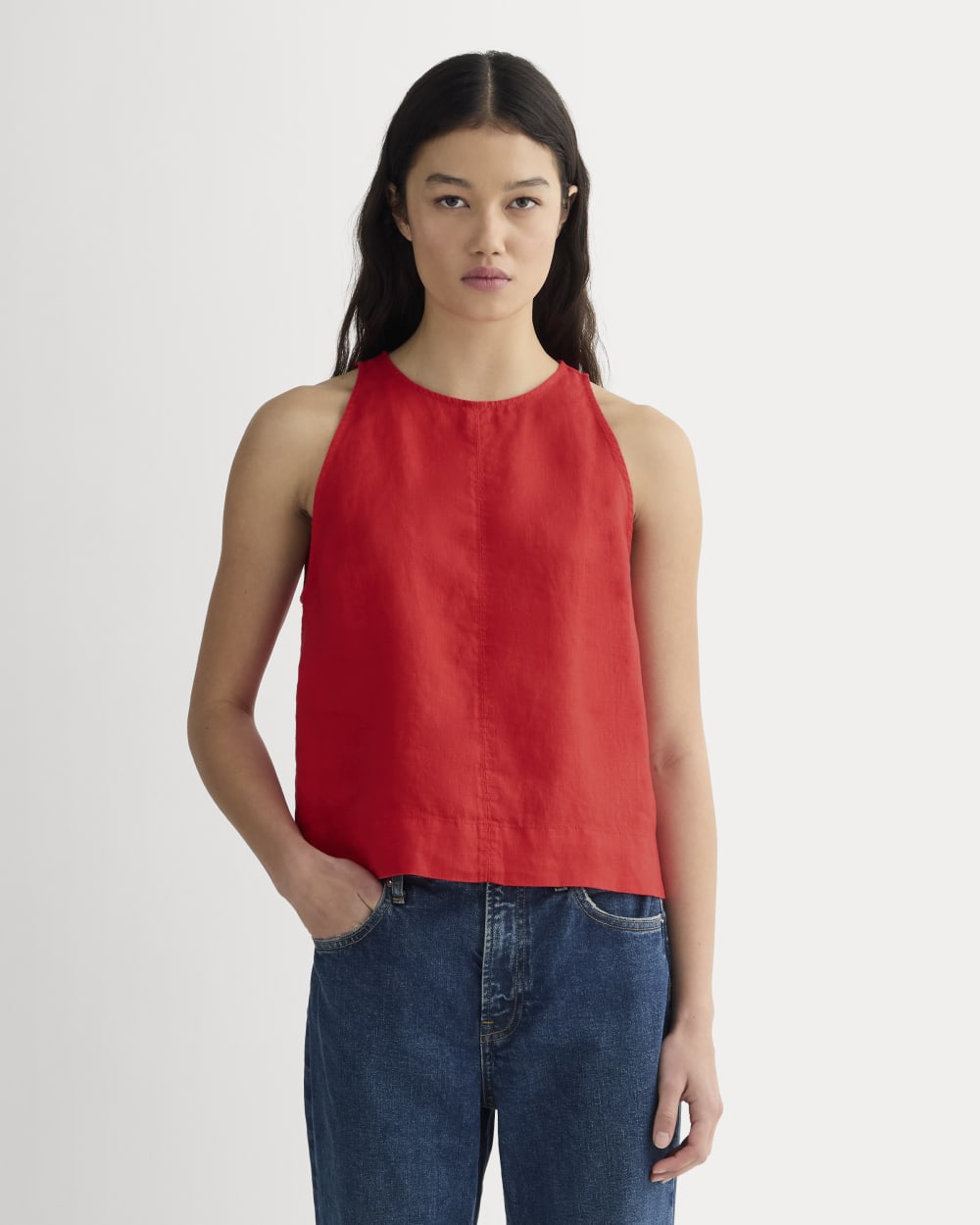 The Linen High-Neck Tank in Classic Red — front view