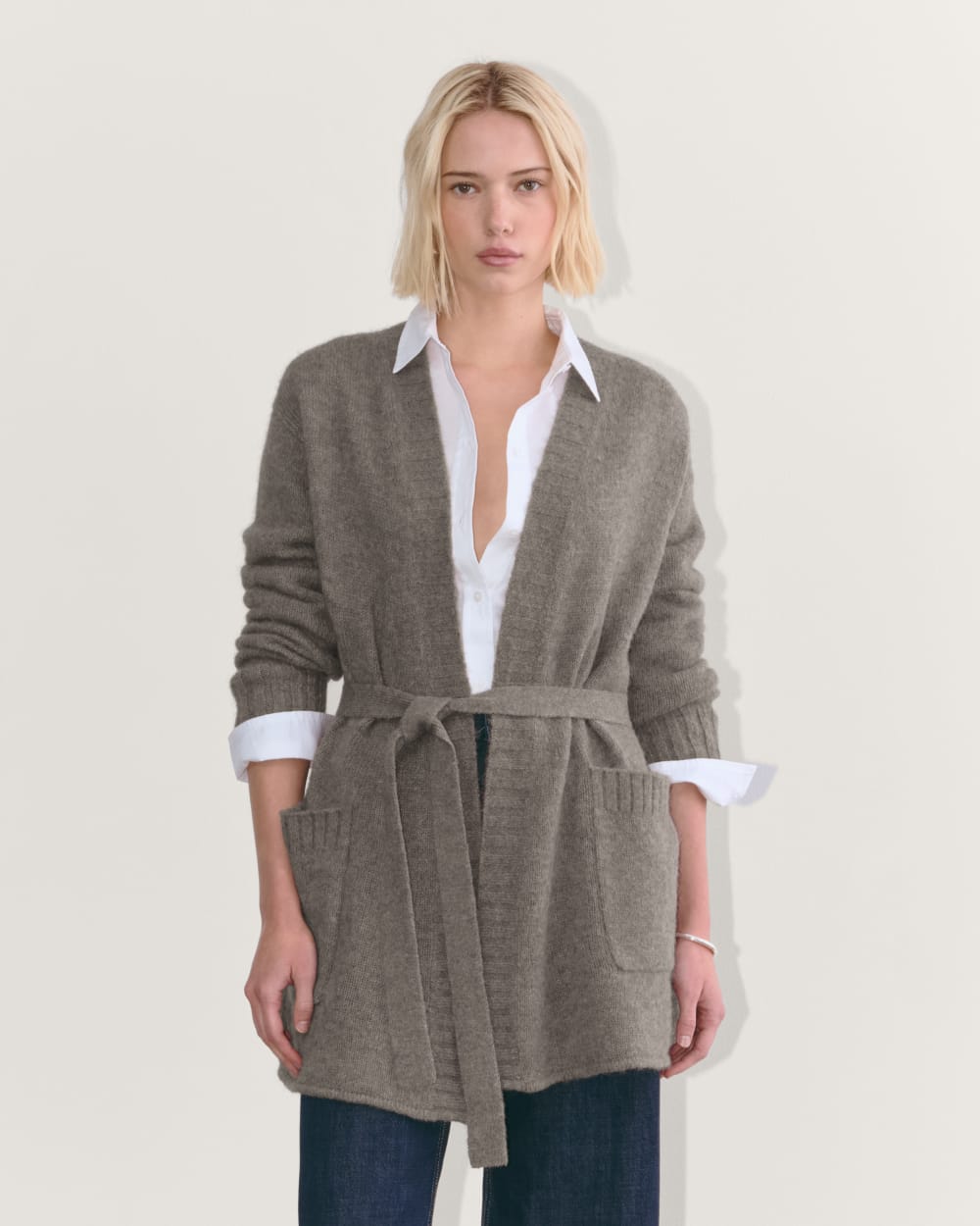 The Robe Cardigan in Alpaca in Taupe Melange — front view
