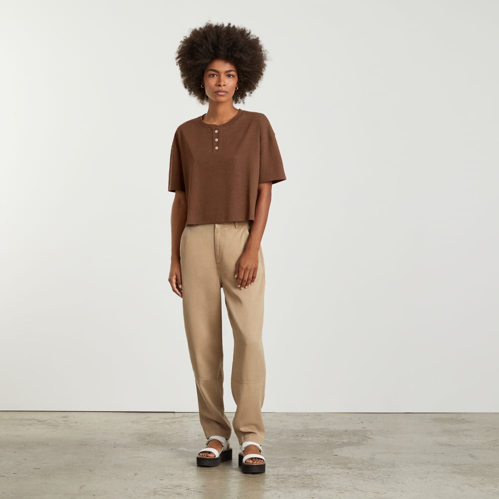 The Vintage Henley Hemp Tee in Espresso — detail view