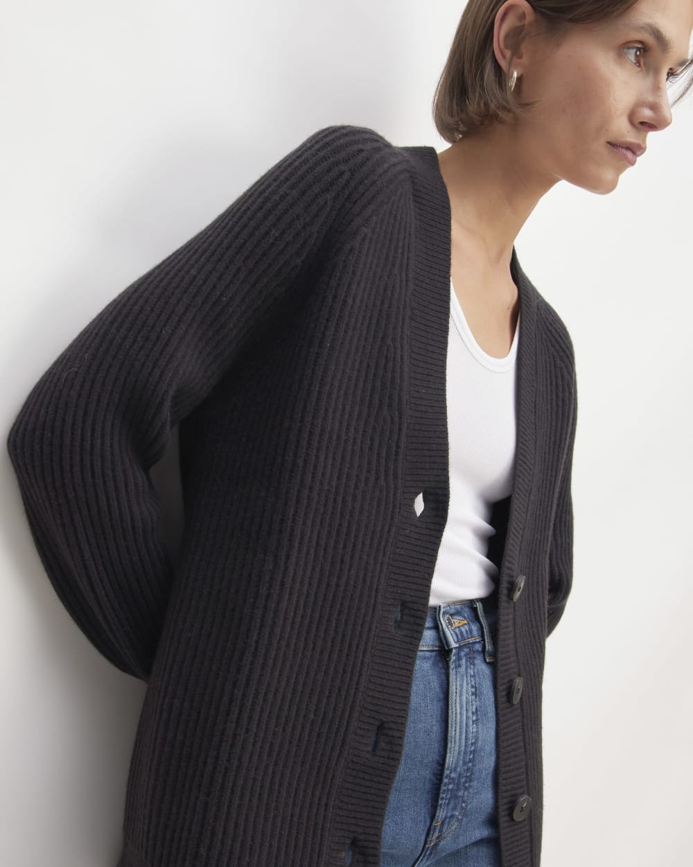 The Felted Merino Cocoon Cardigan in Black — detail view