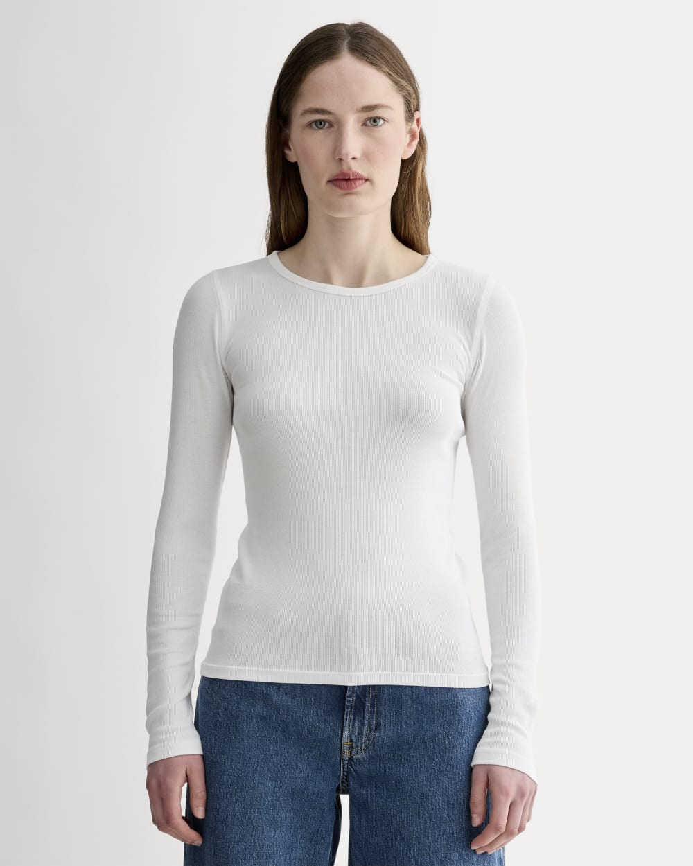 The Luxe Rib Long-Sleeve Crew in White — front view