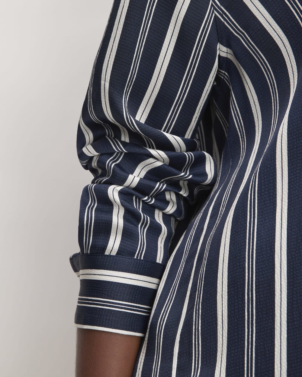 The Satin Relaxed Shirt in Navy / Bone — detail view