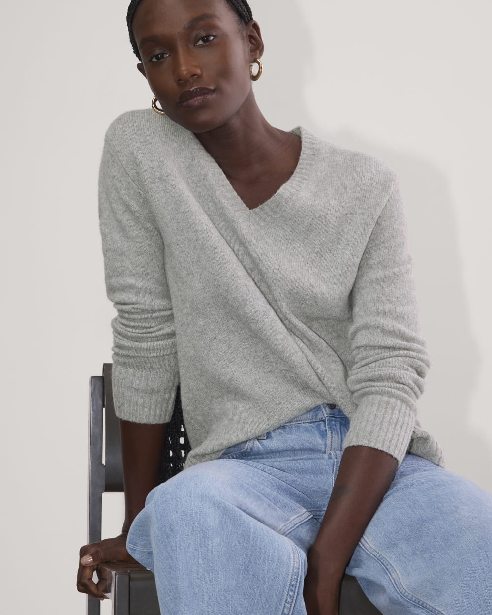 The V-Neck Sweater in Plush Cotton in Heathered Grey — detail view