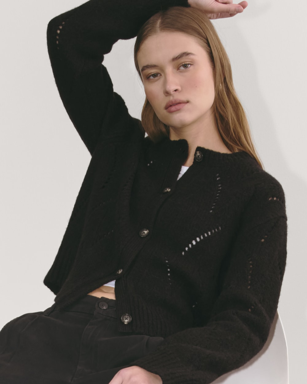 The Pointelle Cardigan in Cloud in Black — detail view