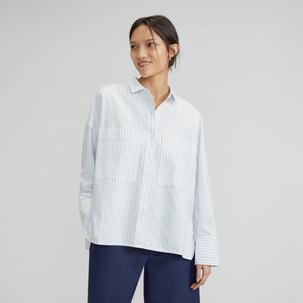 The Boxy Oxford in White / Periwinkle Mini Stripe — front view
