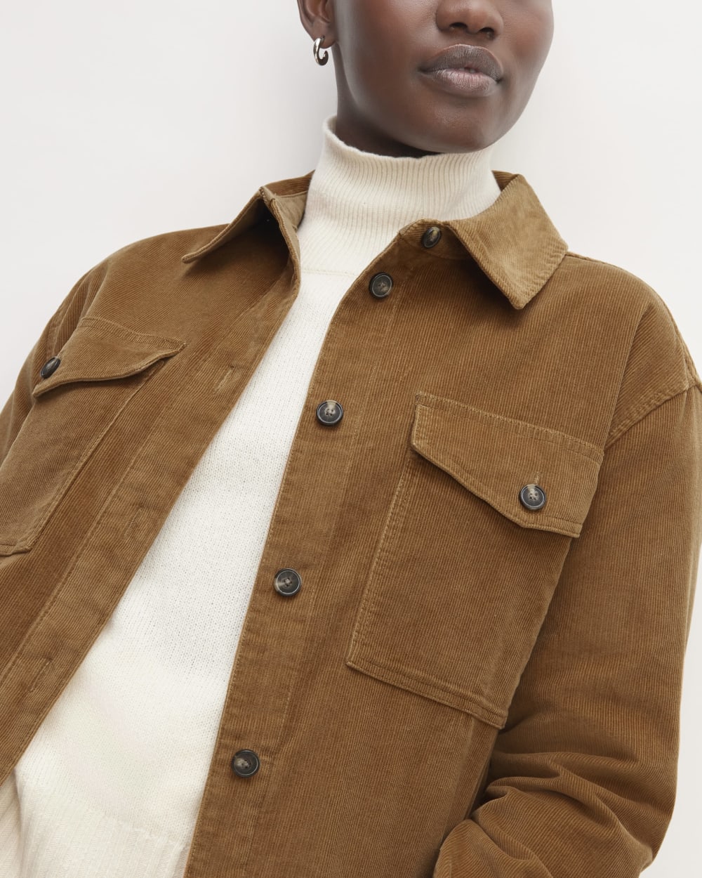 The Corduroy Oversized Shirt Jacket in Toasted Coconut — detail view