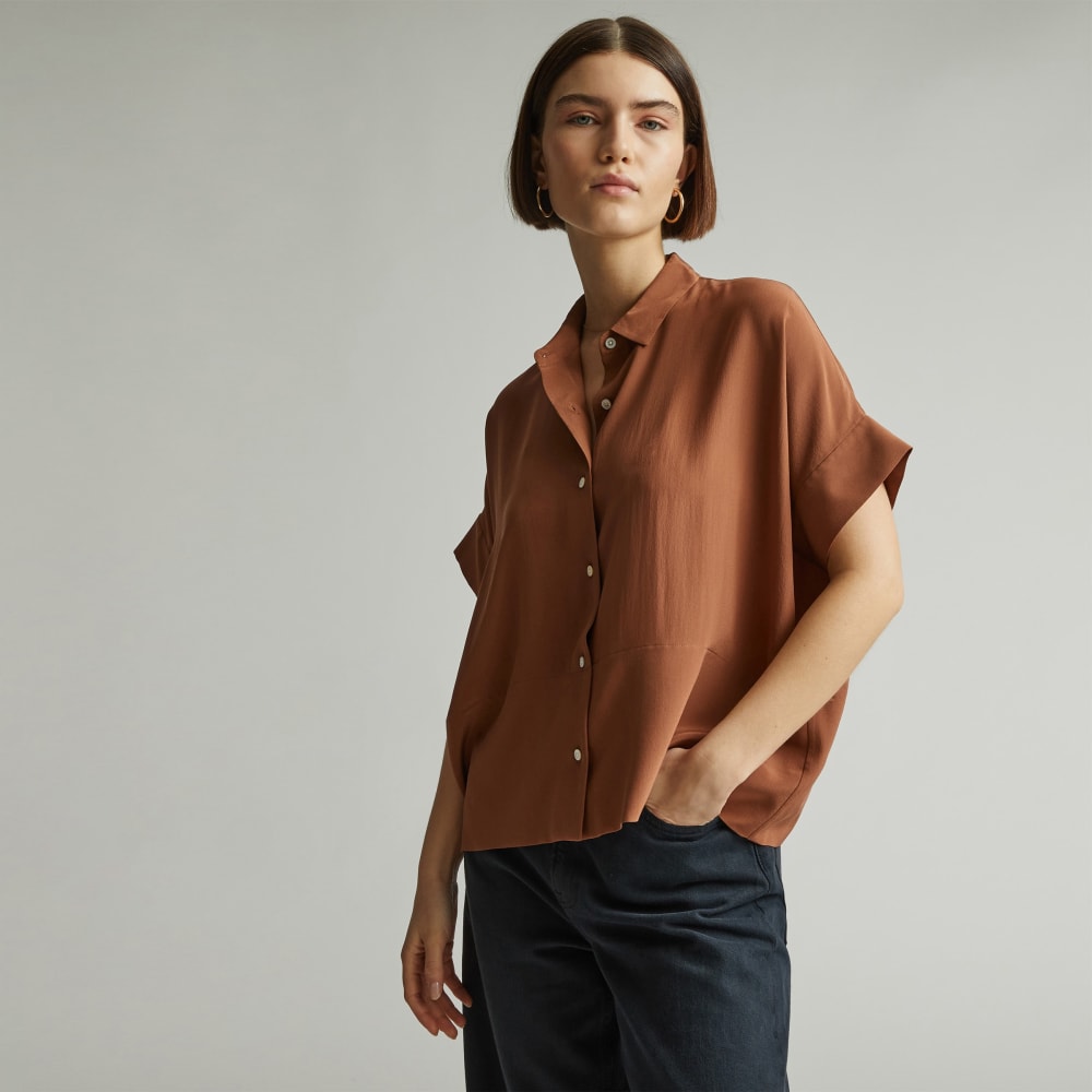The Boxy Shirt in Washable Silk in Carob Brown — front view