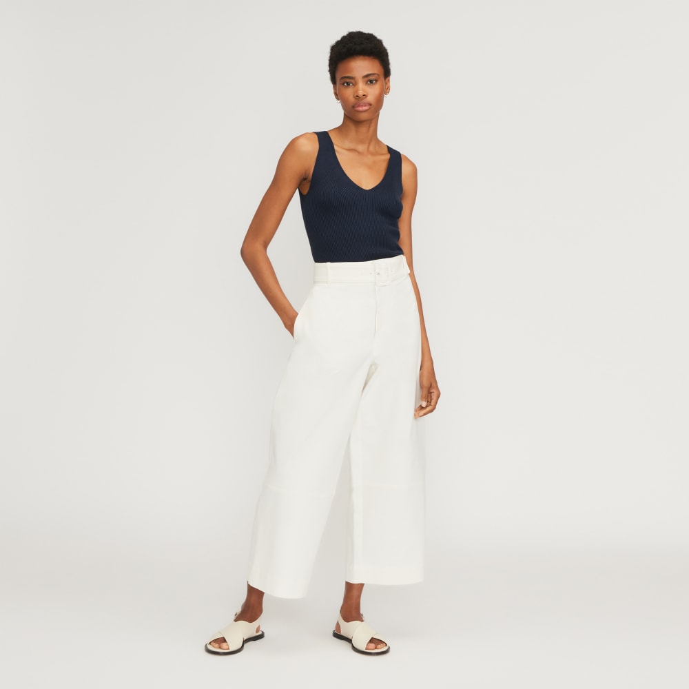 The Ribbed Cotton Double V Top in Navy — detail view