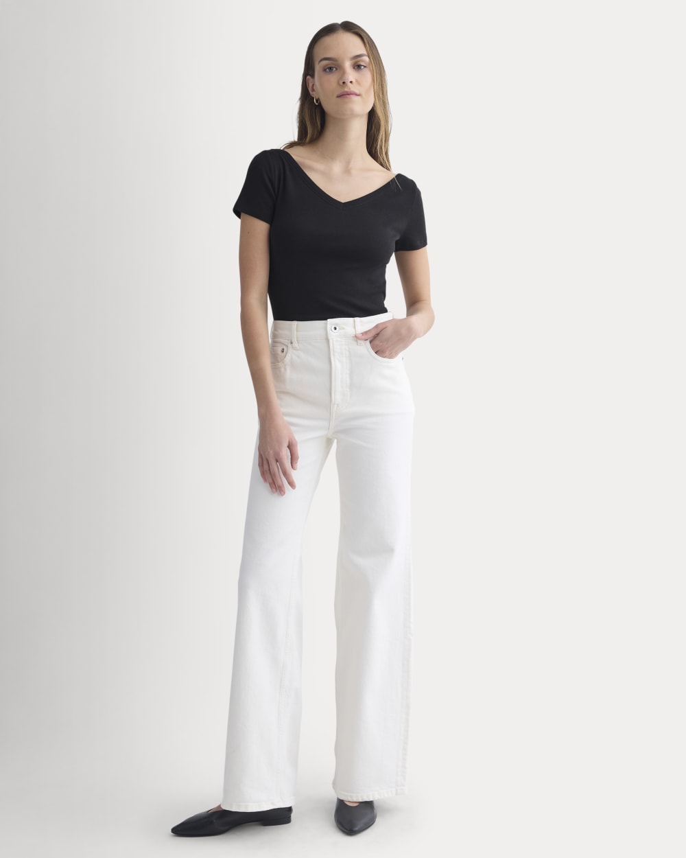 Tissue Short-Sleeve V-Neck Top in Black — detail view