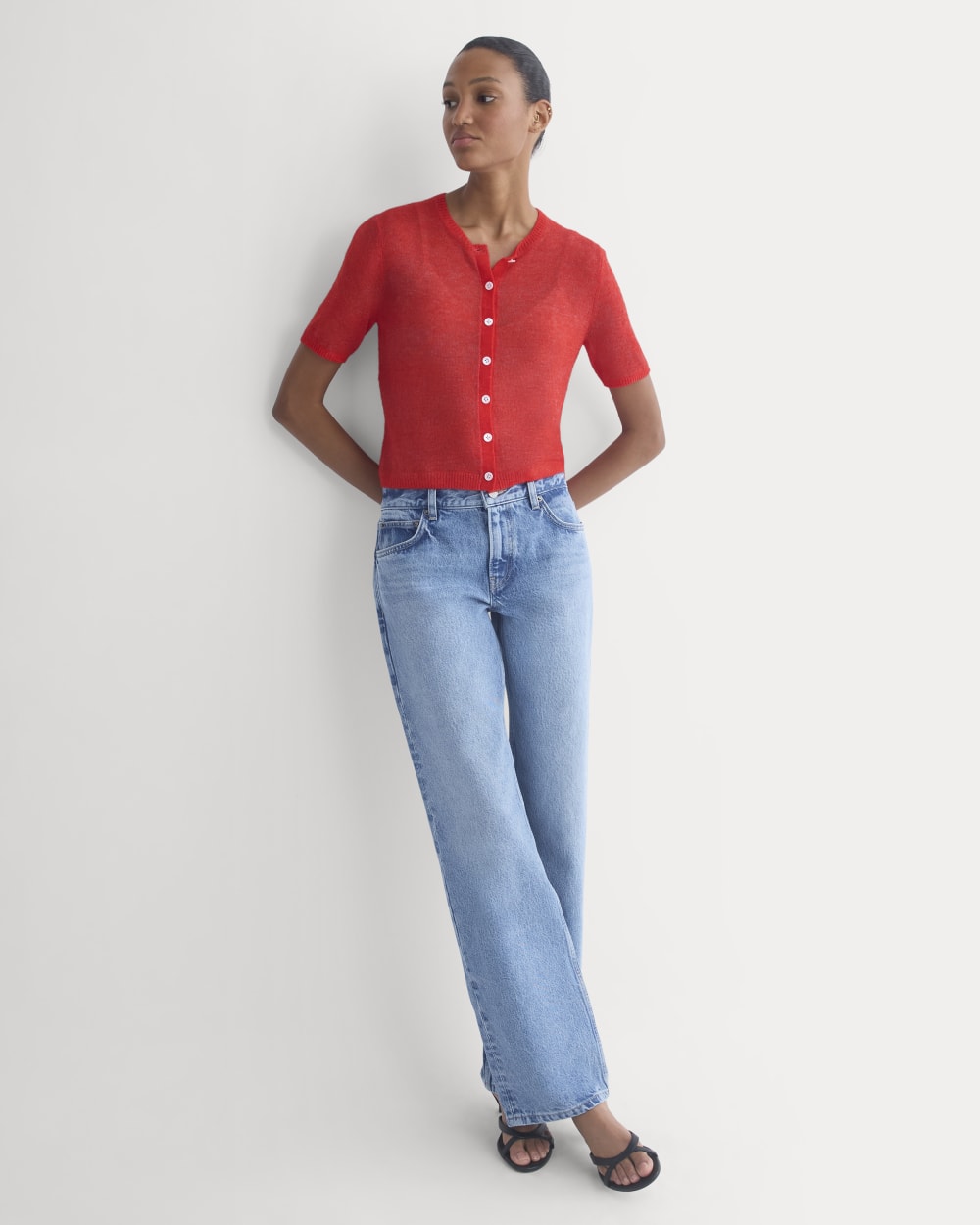 The Air Alpaca™ Short-Sleeve Cardigan in Fiery Red — detail view