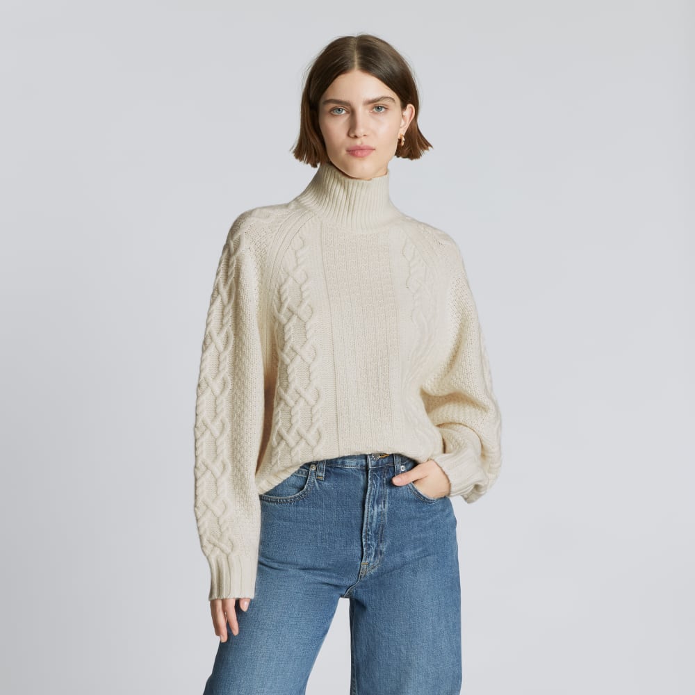 The Felted Merino Cable Sweater in Bone — front view
