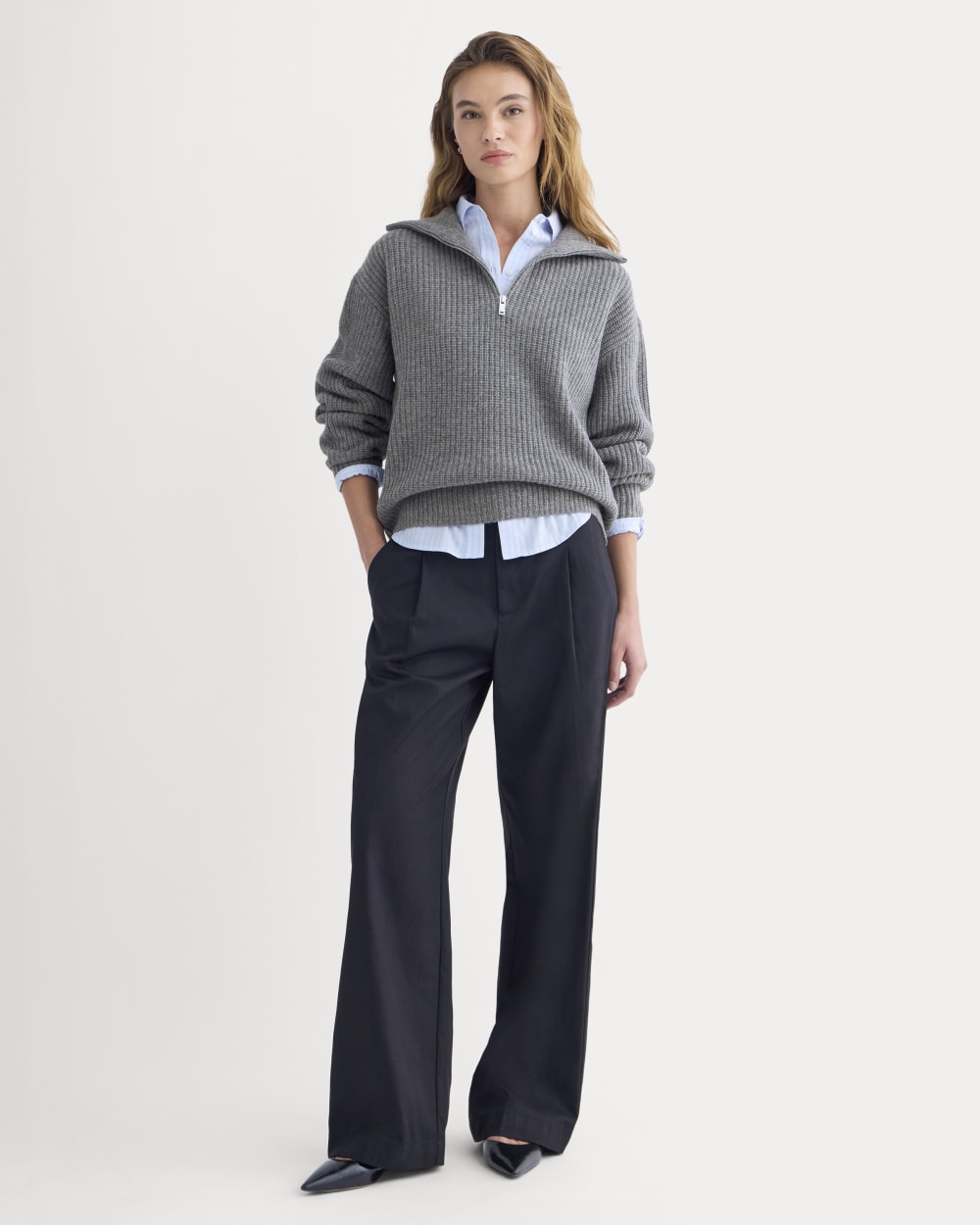 The Half-Zip Sweater in Luxe Merino in Heathered Mid-Grey — detail view