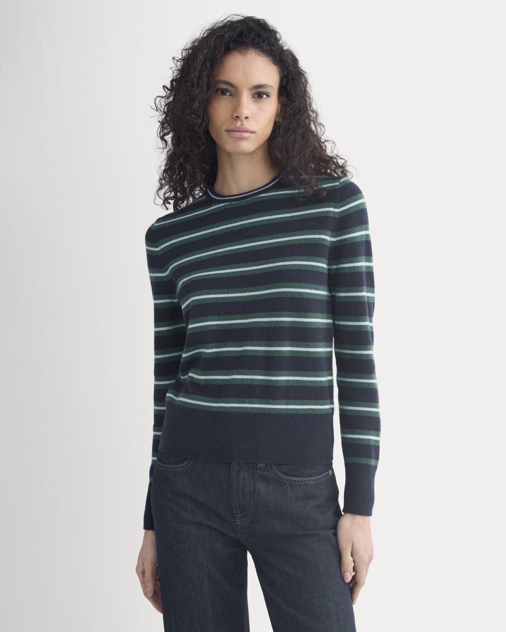 Cashmere Slim Crew Sweater in Hunter Green/Open Air Blue — front view