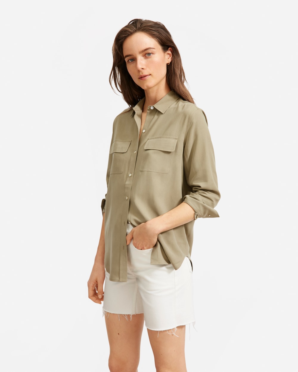 The Washable Silk Relaxed Shirt in Covert Green — detail view