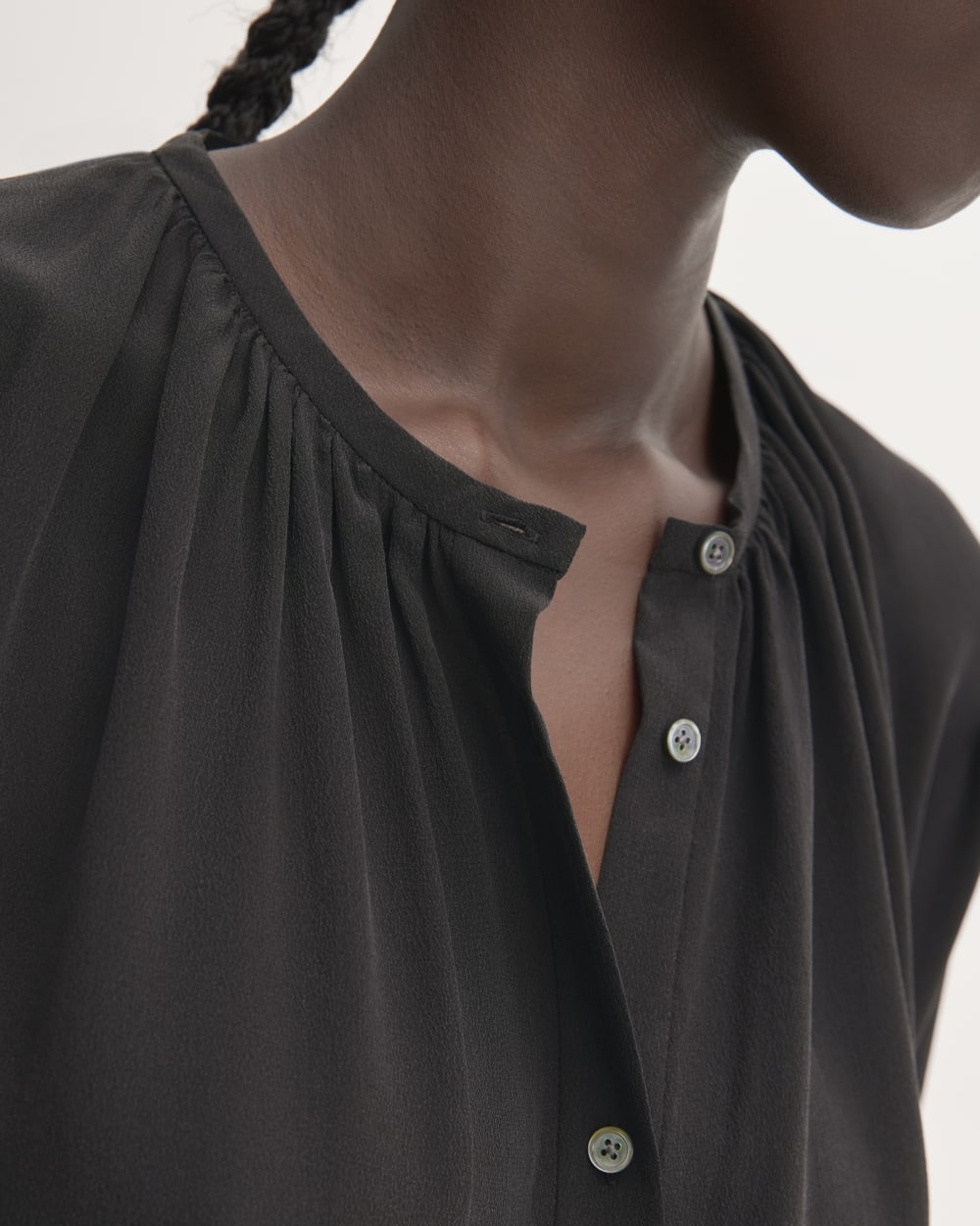 The Washable Clean Silk Shirred Blouse in Black — detail view