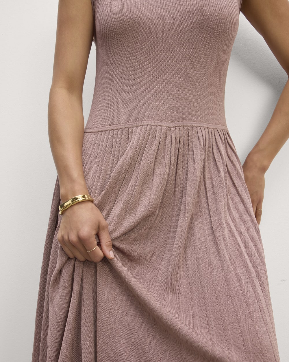 The Knit Pleated Dress in Dusty Rose — detail view