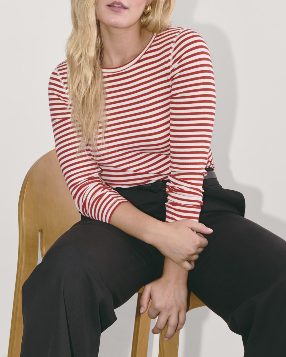 The Luxe Rib Long-Sleeve Crew in Bone / Berry Red — detail view