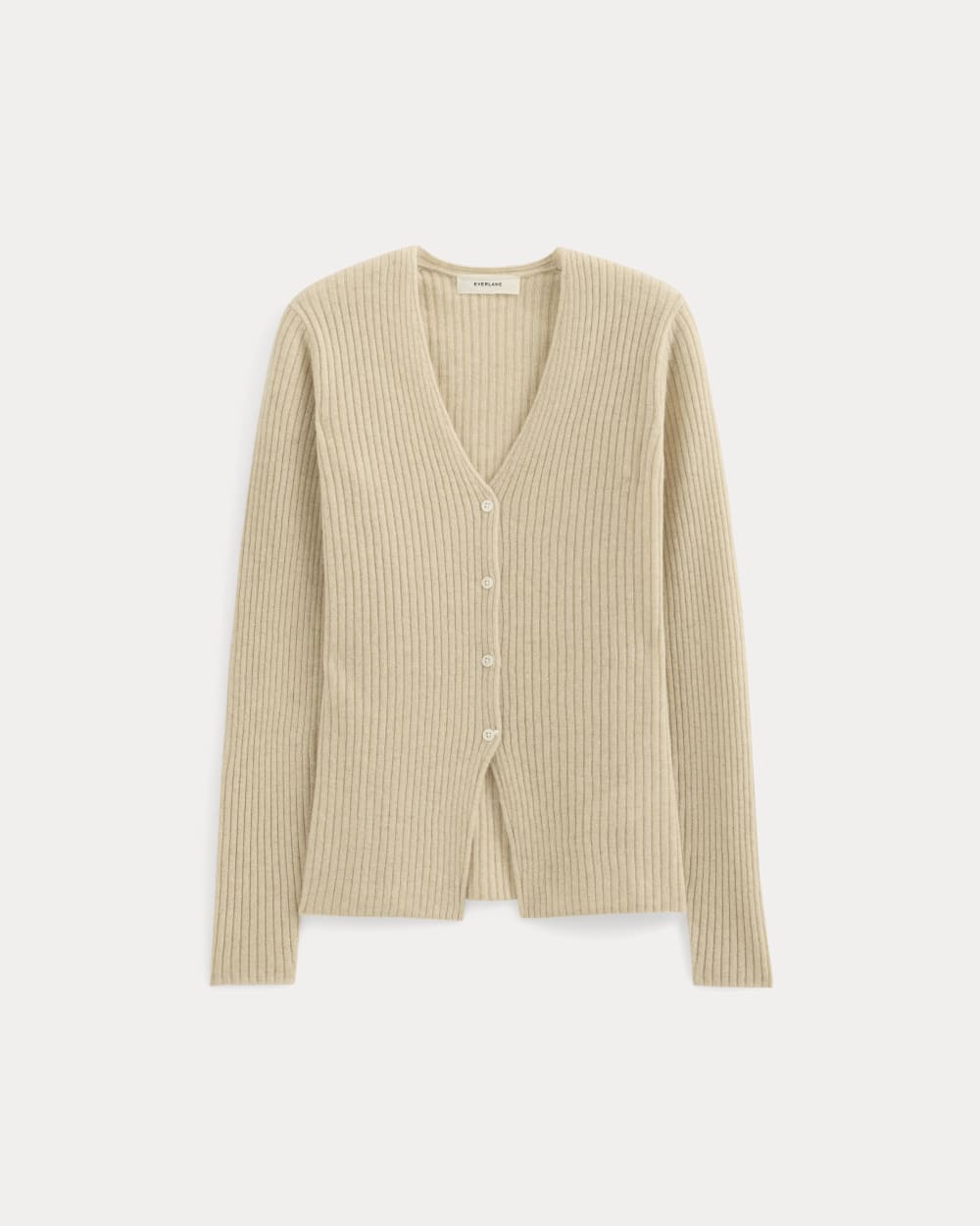 Cashmere Ribbed V-Neck Cardigan in Heather Light Camel — alternate view