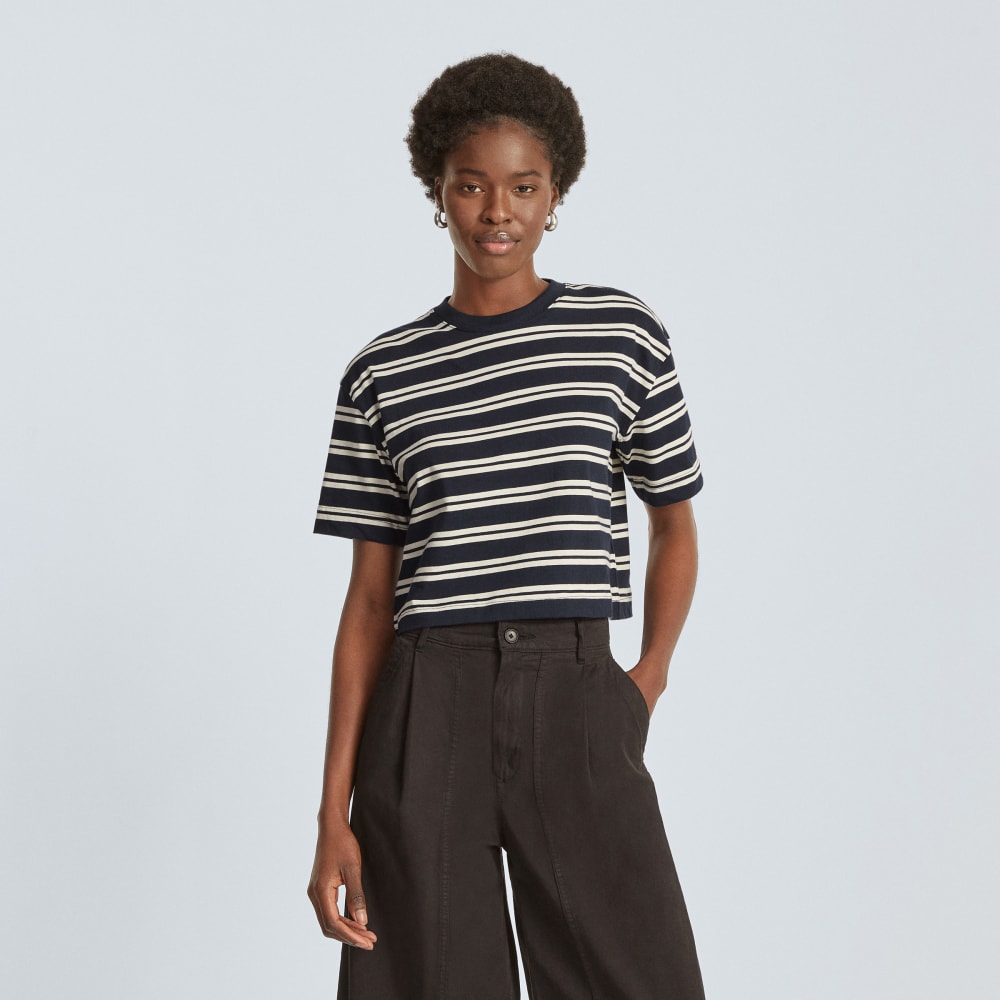 The Organic Cotton Cropped Tee in Navy / Tan — front view