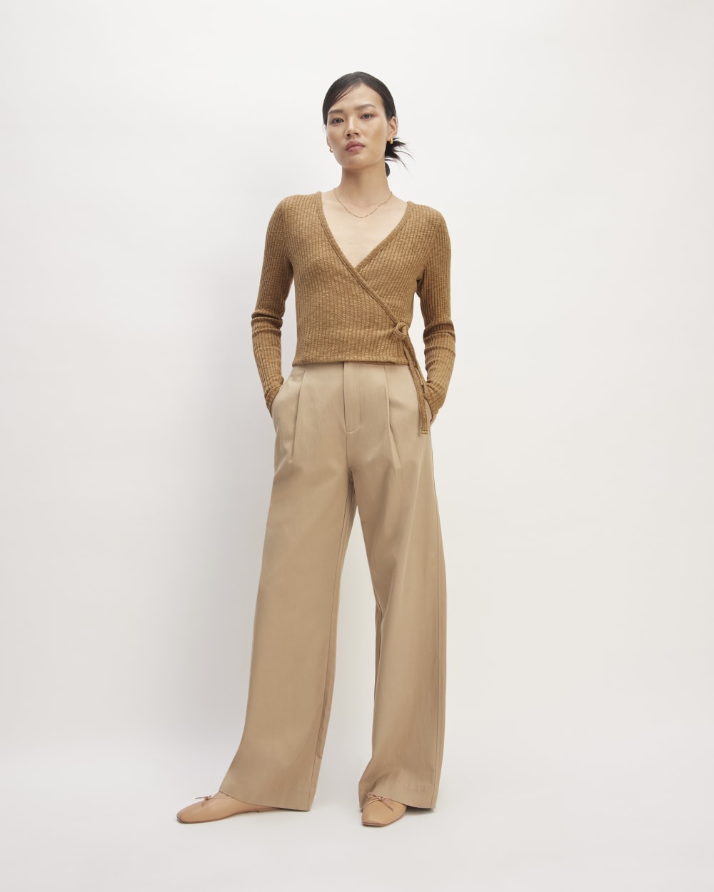 The Cozy Rib Wrap Top in Cappuccino — detail view