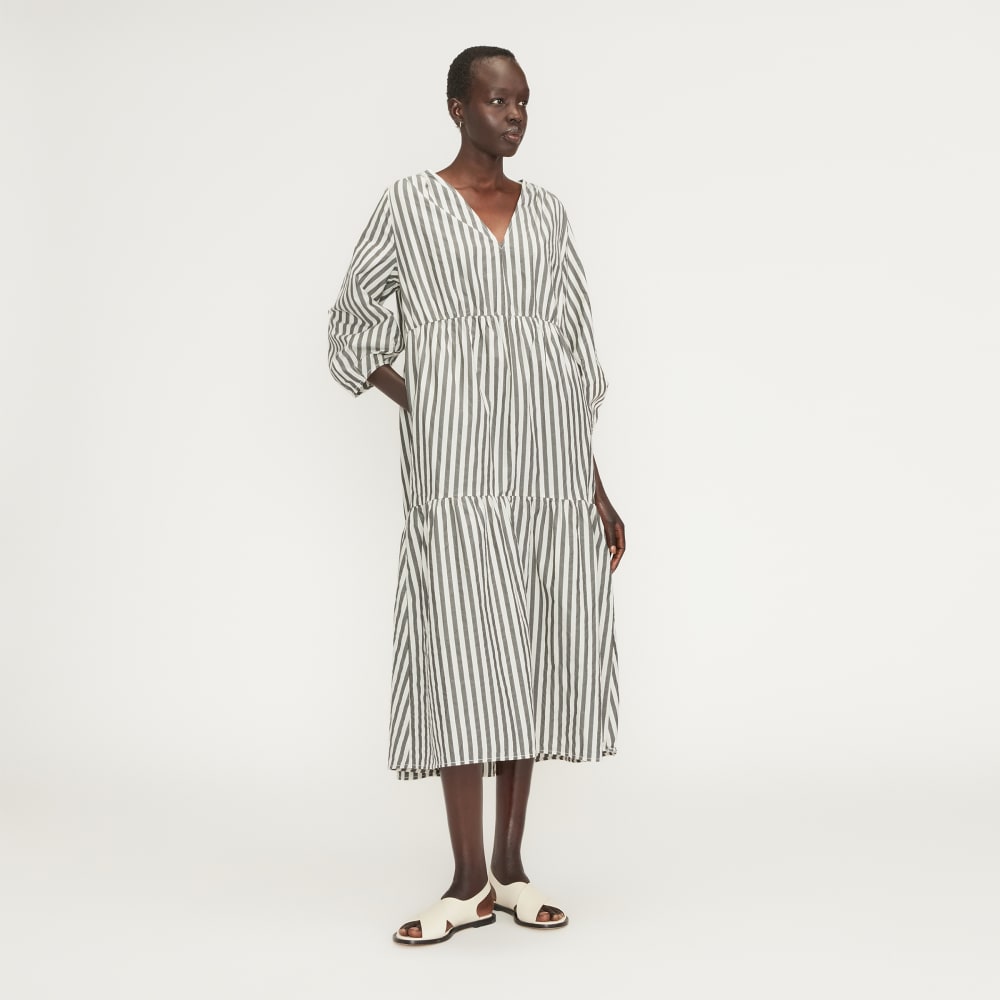 The Poplin Tiered Dress in Bone / Black — front view