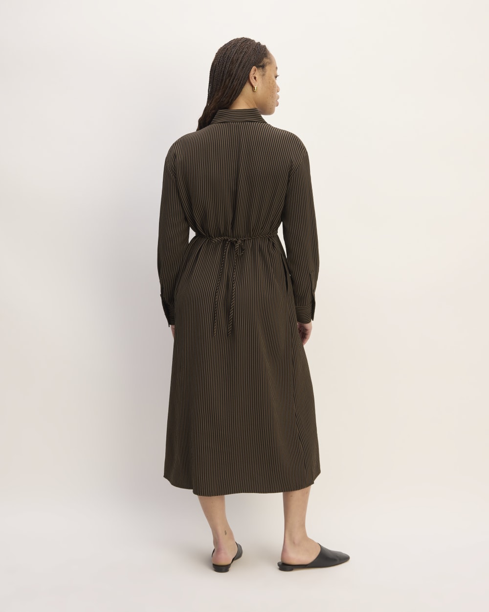The Mini Jacquard Stripe Shirt Dress in Cocoa / Black — detail view