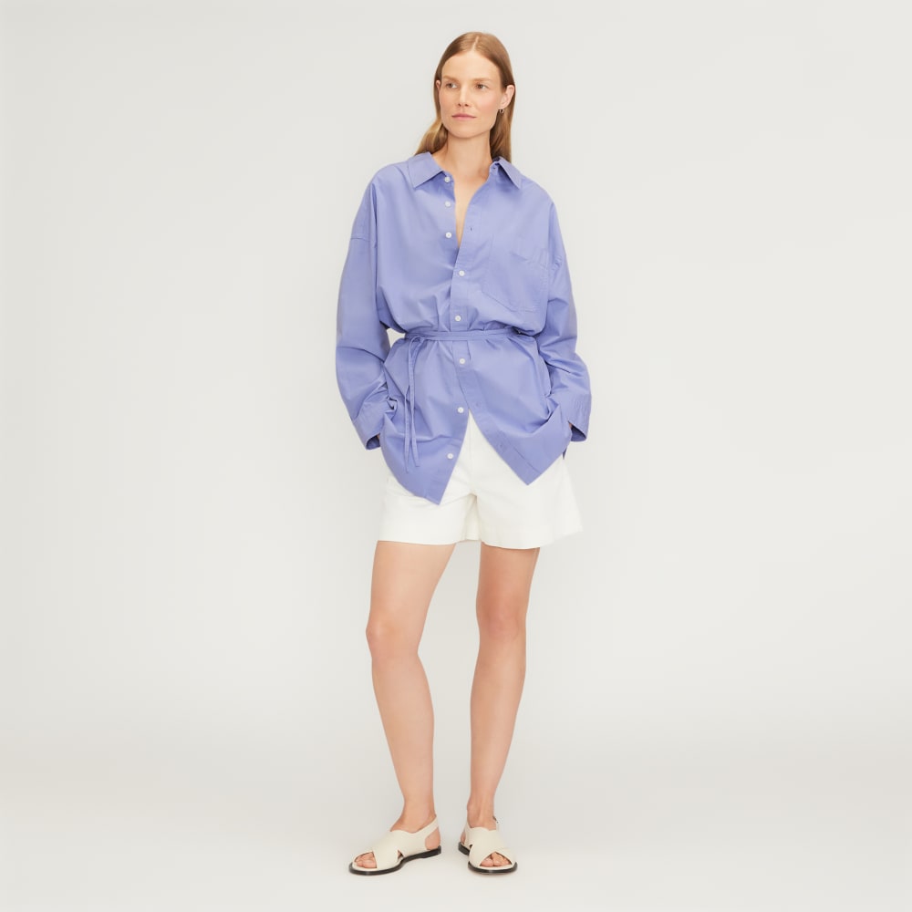 The Poplin Tie Back Shirt in Cornflower Blue — detail view