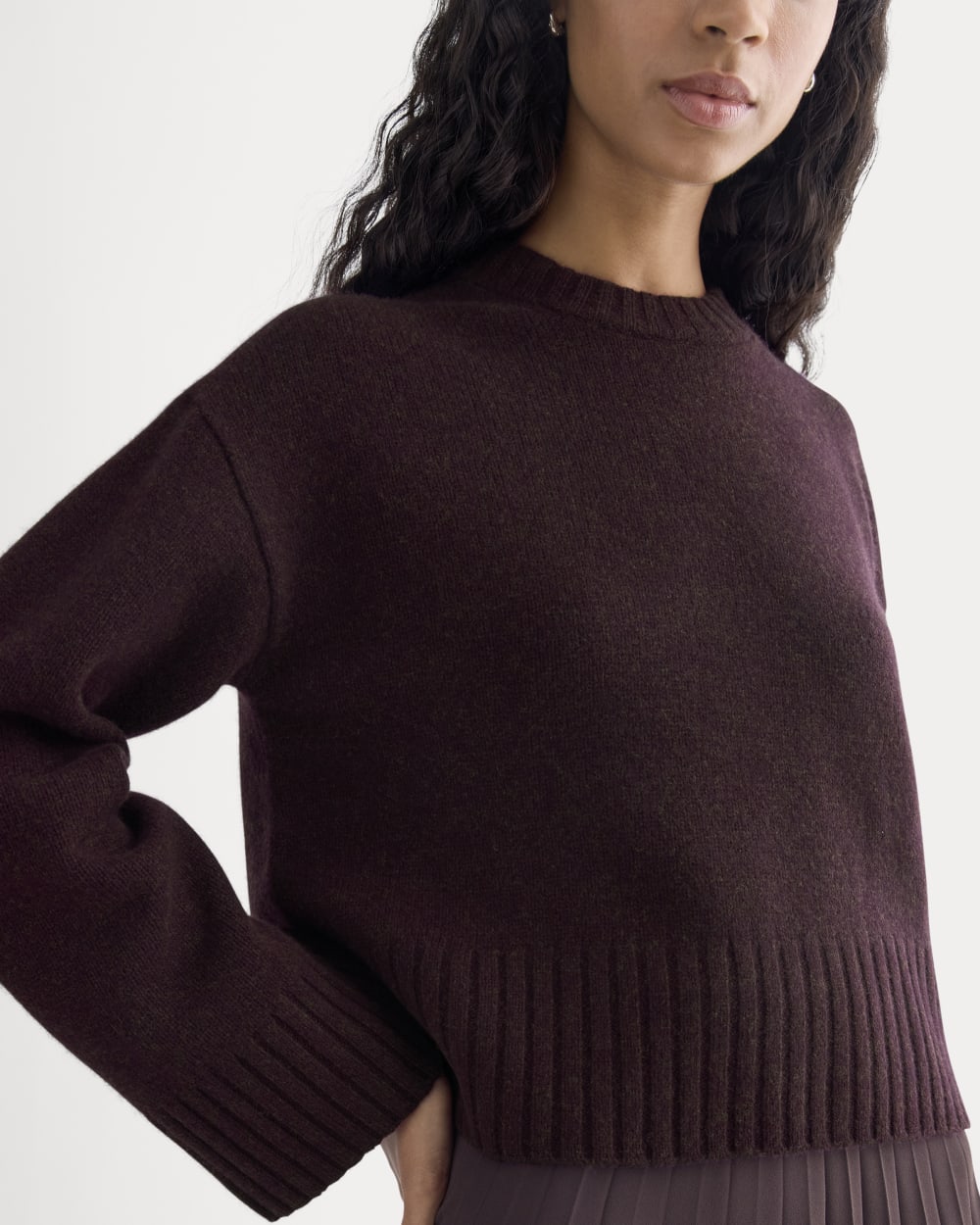 Cropped Boxy Crew in Luxe Merino in Heathered Winetasting — detail view