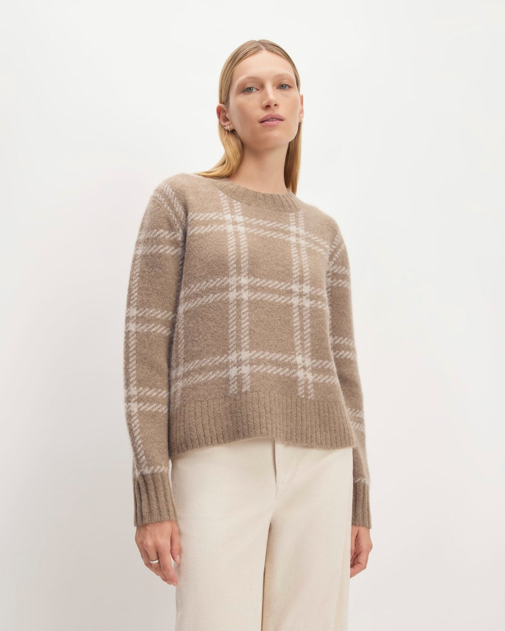 The Alpaca Cropped Crewneck Sweater in Wheat / Lightest Taupe — front view