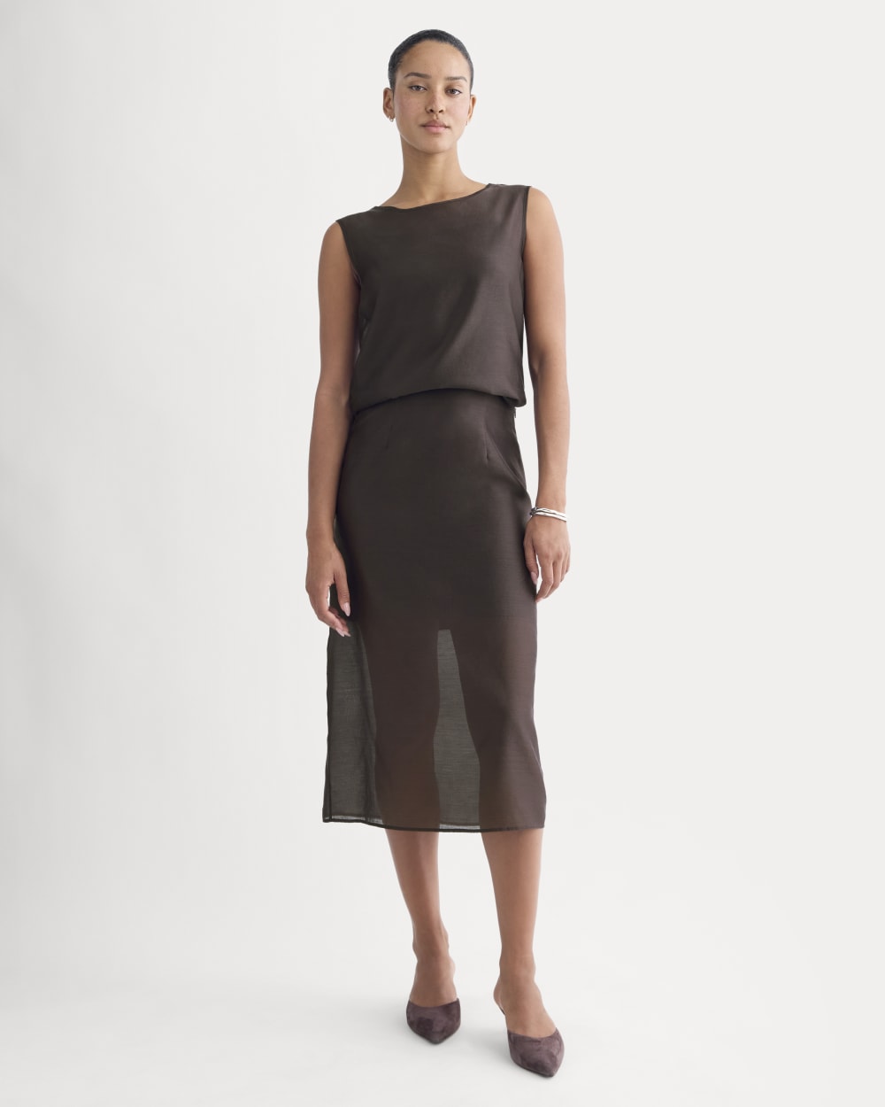 Sleeveless Top in Cotton-Silk Organza in Dark Chocolate — detail view