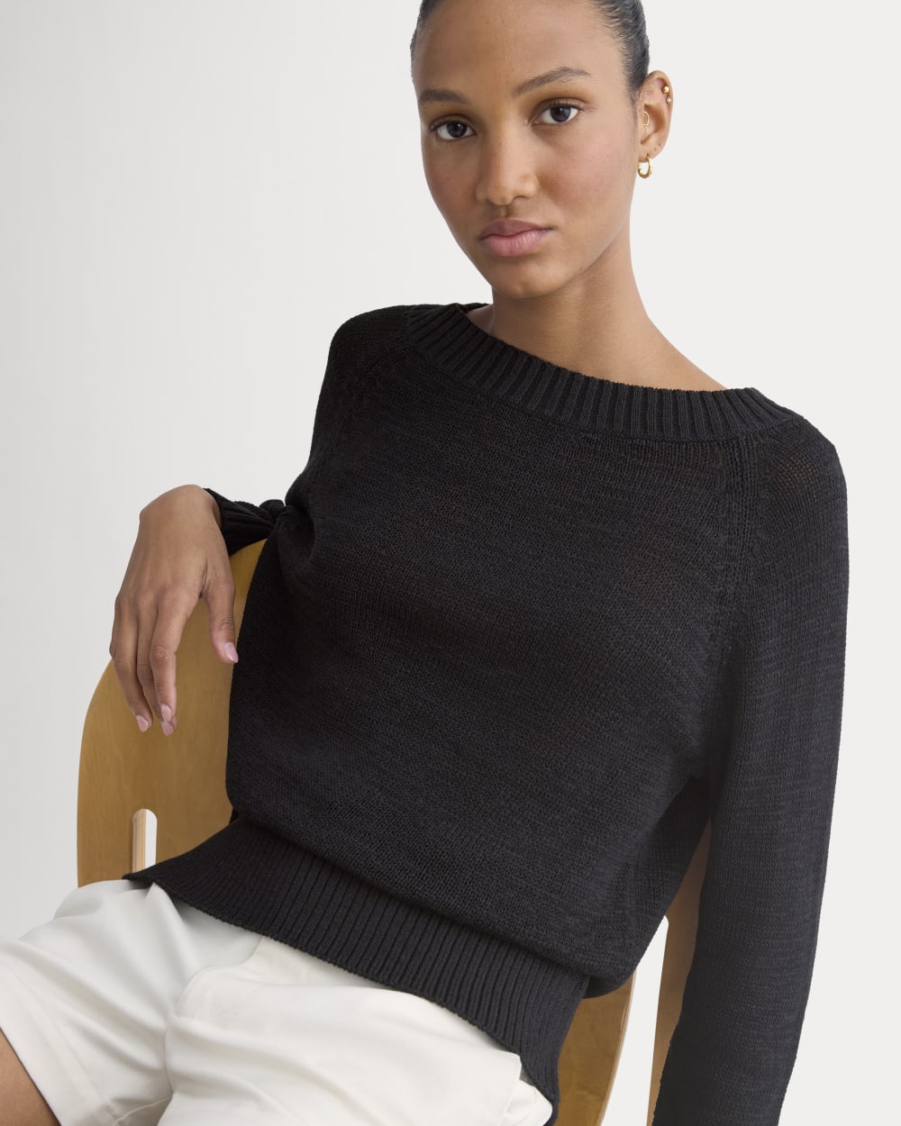 Wide-Neck Crew Sweater in Tape Yarn in Black — front view