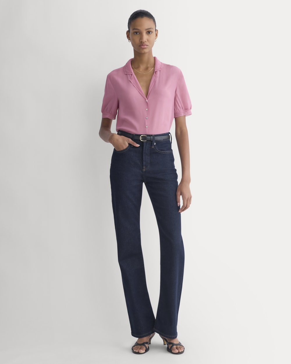 Notch Collar Shirt in Silk Georgette in Heather Rose — detail view